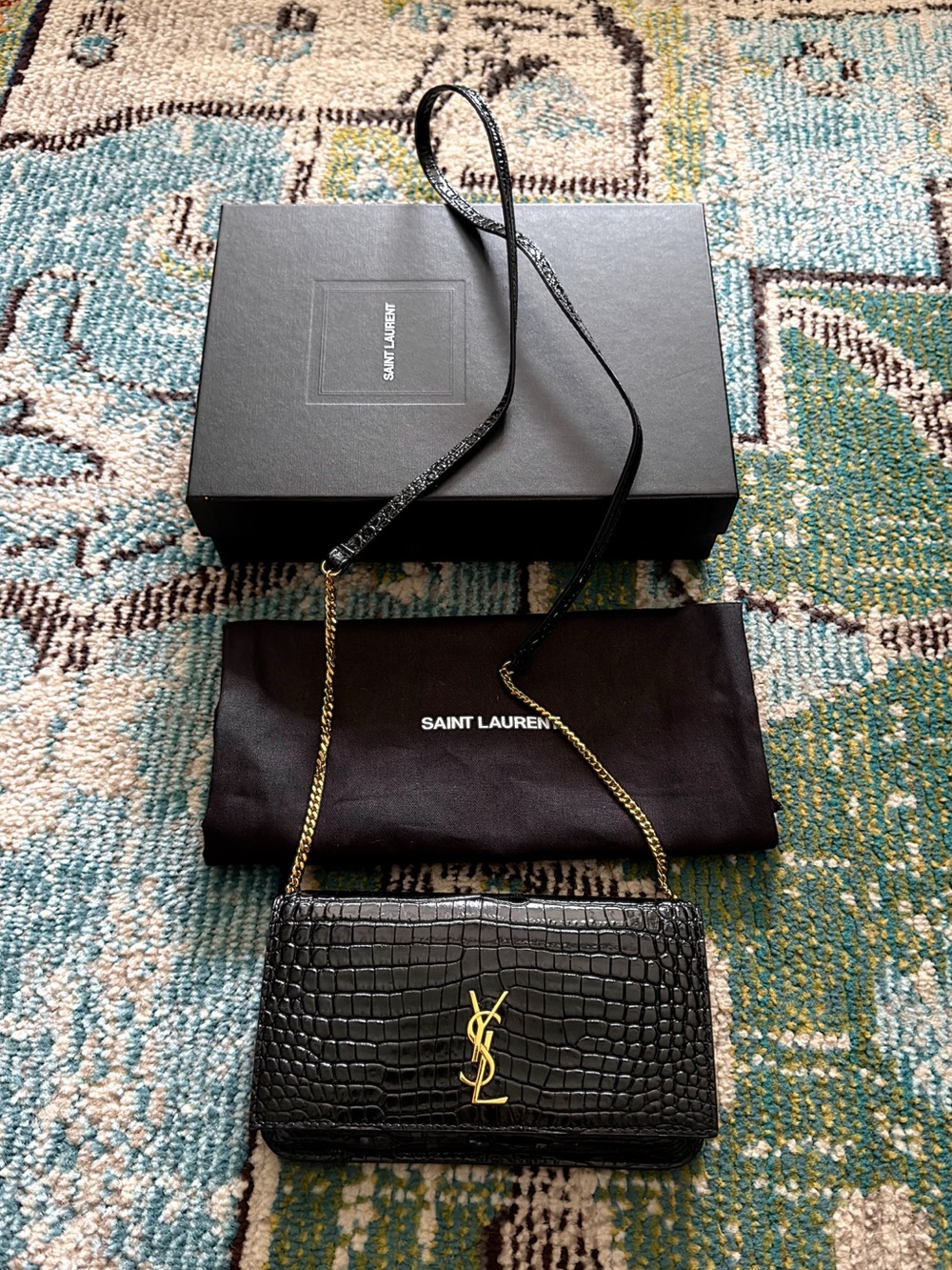 Saint Laurent YSL cassandre croc embossed black crossbody phone holder bag